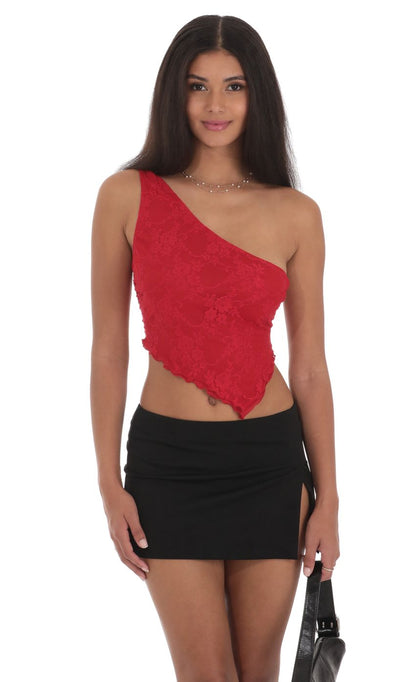 Lucy in the Sky One Shoulder Lace Top in Red