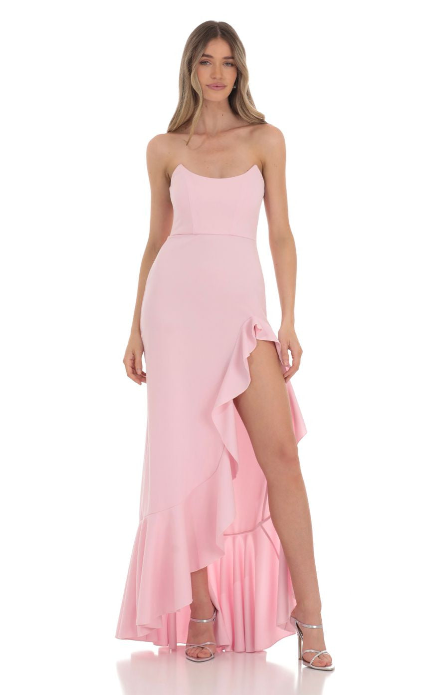 Lucy in the Sky Ruffle Slit Strapless Corset Maxi Dress