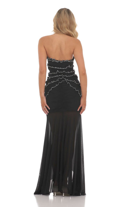 Lucy in the Sky Mesh Strapless Ruffle Bodycon Maxi Dress in Black