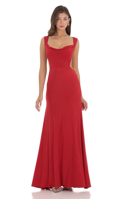 Lucy in the Sky Open Back Cowl Neck Dress in Red