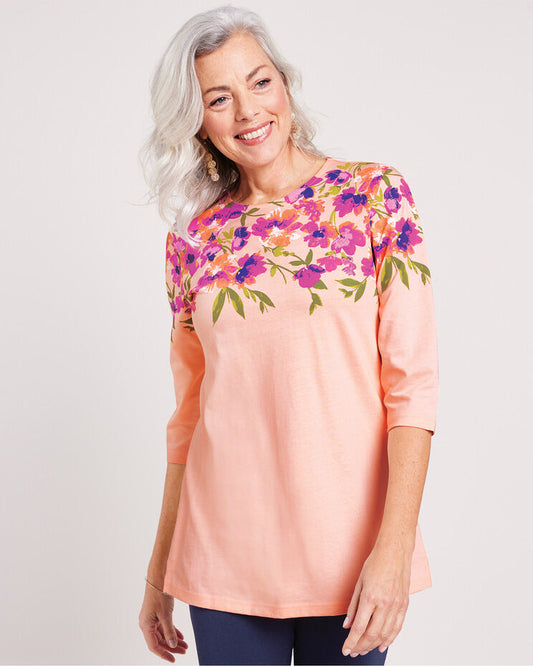 Blair Womens's Three-Quarter Sleeve Floral Border-Print Tunic