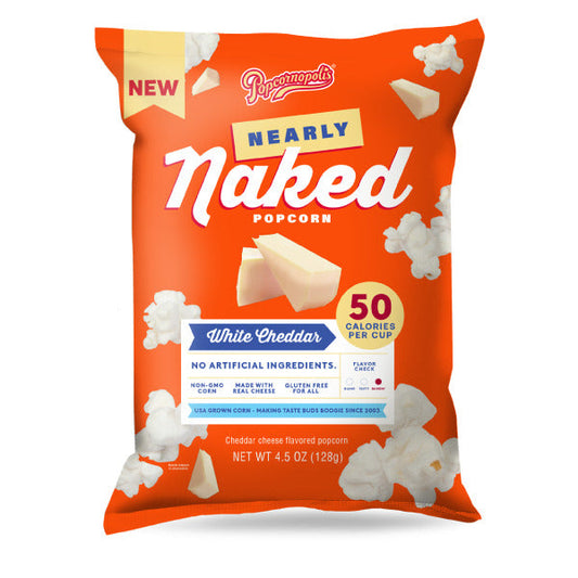 Popcornopolis Nearly Naked White Cheddar Popcorn 4.5 oz Bag.