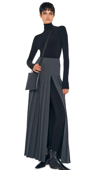 Norma Kamali Women's PLEATED LONG SKIRT WITH SLIT - Dark Heather Grey