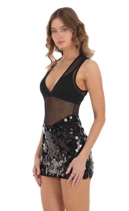 Lucy in the Sky Mesh Sequin Skirt Dress in Black