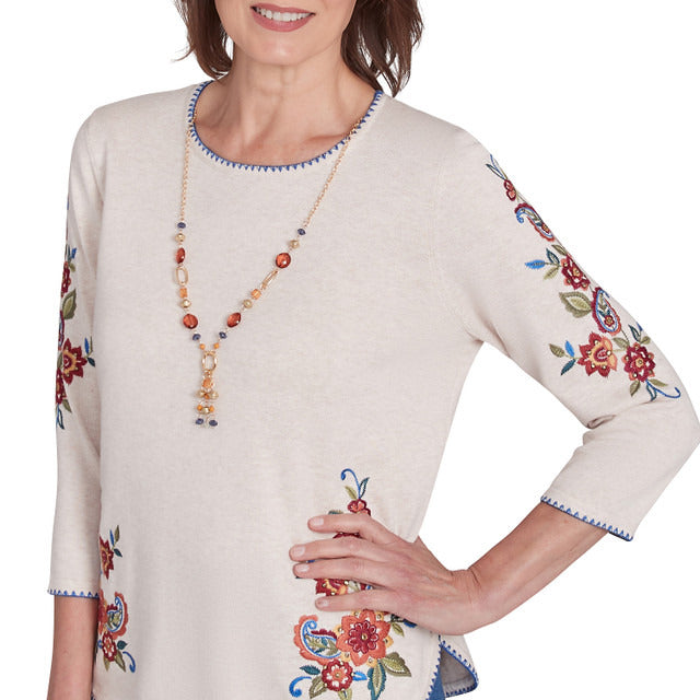 Alfred Dunner Women's Paisley Floral Sweater with Necklace