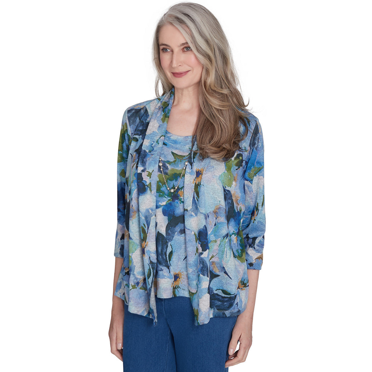 Alfred Dunner Women's Watercolor Floral Melange Two In One Top with Necklace