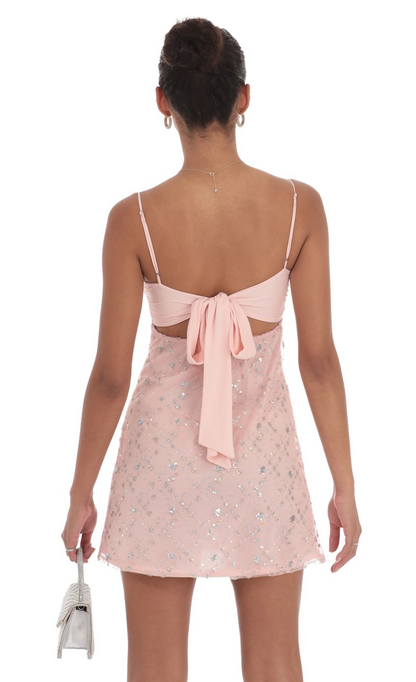 Lucy in the Sky Glitter Sequin Babydoll Dress in Pink