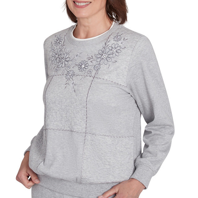 Alfred Dunner Women's Embroidered Boxes Cozy Crew Neck Top