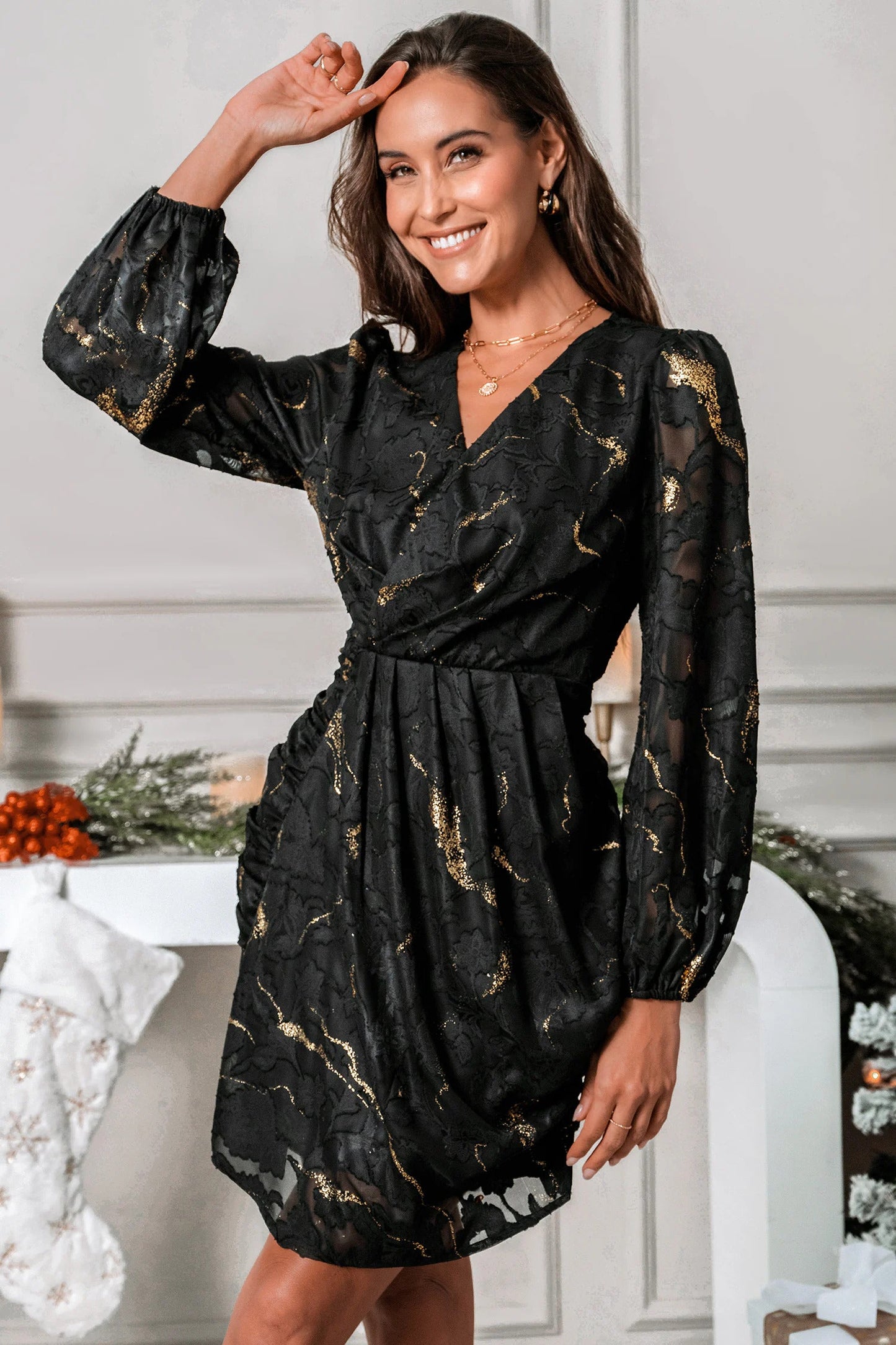 Cupshe Black & Gold Sheer Puff Sleeve Mini Wrap Dress