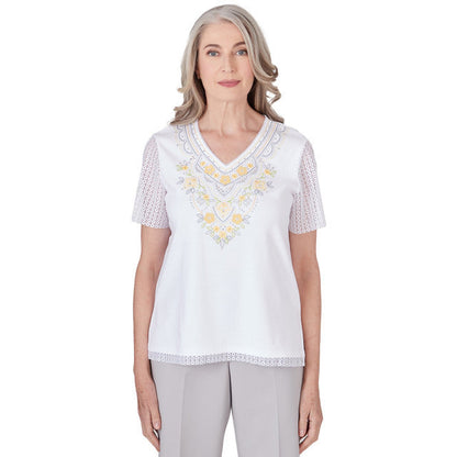 Alfred Dunner Women's Embroidered Top with Lace Sleeves