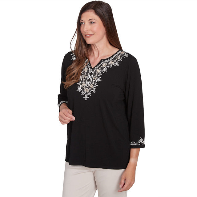 Alfred Dunner Women's Split Neck Scroll Embroidered Top