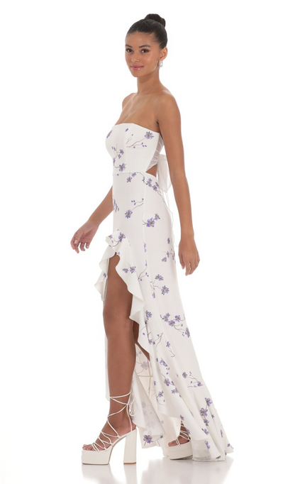 Lucy in the Sky Floral Strapless Back Bow Corset Maxi Dress in White