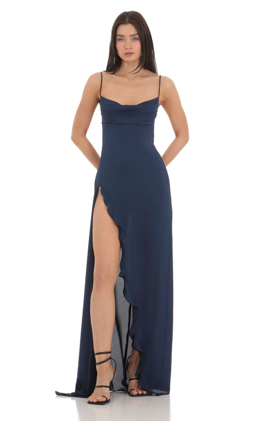 Lucy in the Sky Cowl Neck Satin Open Back Maxi Dress