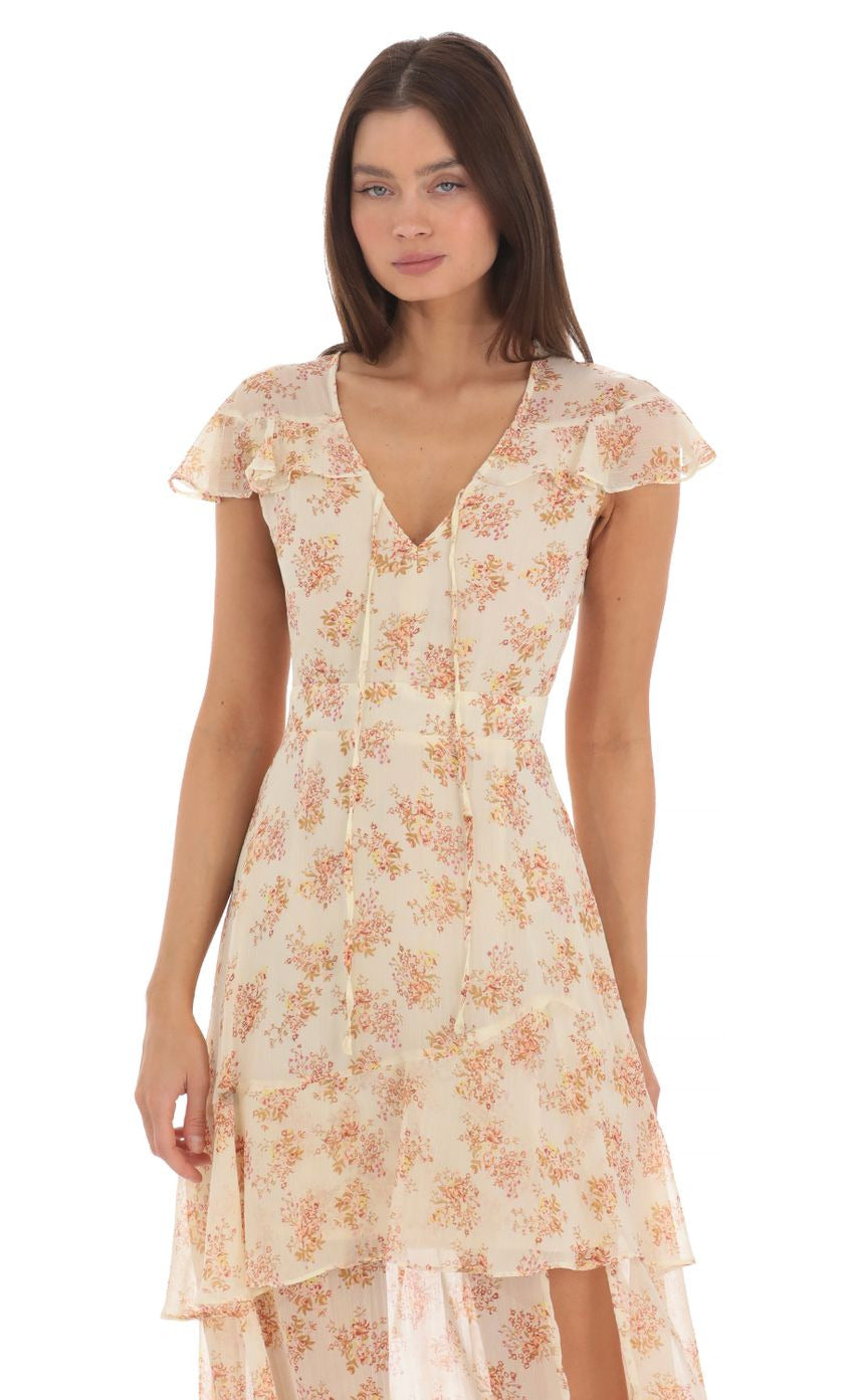 Lucy in the Sky Floral Shimmer Ruffle Dress in Yellow