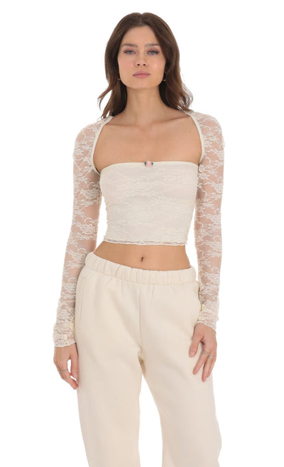 Lucy in the Sky Lace Long Sleeve Top in Cream