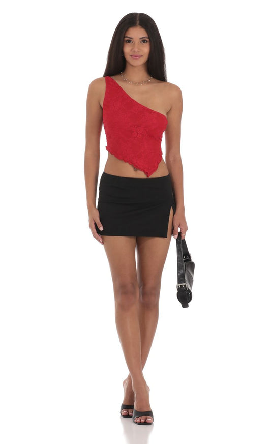 Lucy in the Sky One Shoulder Lace Top in Red