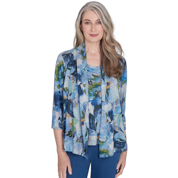 Alfred Dunner Women's Watercolor Floral Melange Two In One Top with Necklace