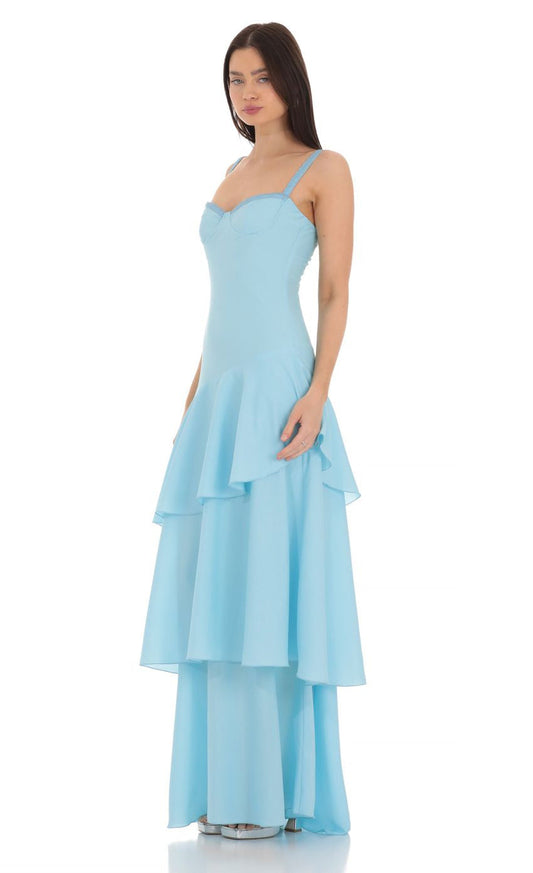 Lucy in the Sky Long Ruffle Maxi Dress in Light Blue