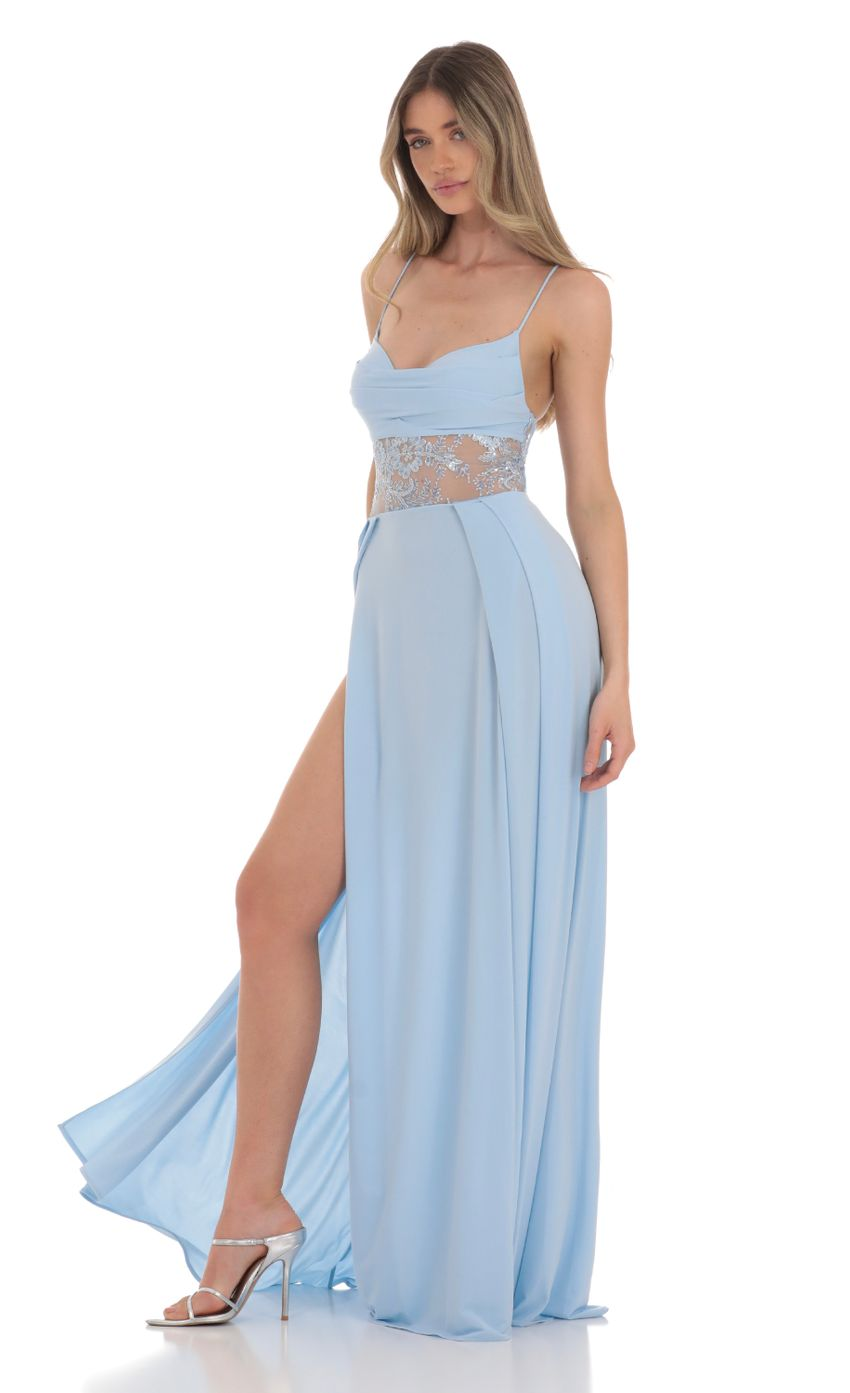 Lucy in the Sky Floral Waist Slit Maxi Dress in Light Blue