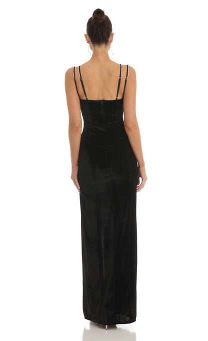 Lucy in the Sky Rhinestone Bust Velvet Maxi Dress in Black