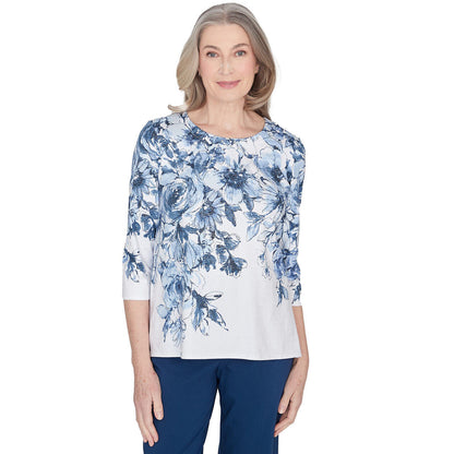 Alfred Dunner Women's Floral Shimmer Three Quarter Sleeve Top