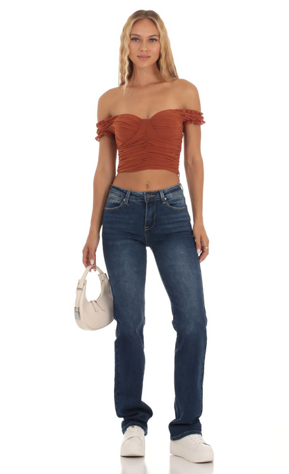 Lucy in the Sky Mesh Off Shoulder Top in Rust