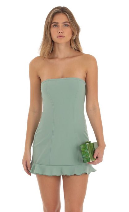 Lucy in the Sky Crepe Strapless Ruffle Dress in Green