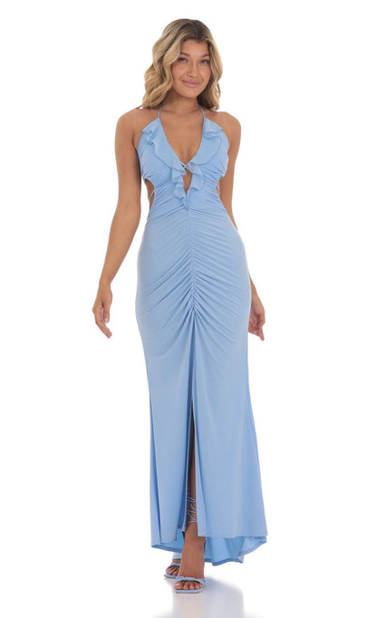 Lucy in the Sky Plunge Neck Ruched Maxi Dress in Blue