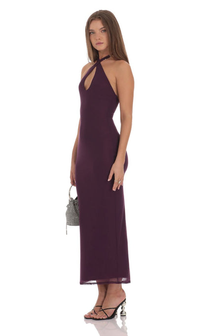 Lucy in the Sky Halter Bodycon Maxi Dress in Purple