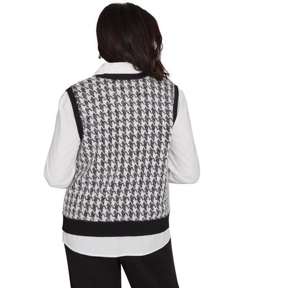 Alfred Dunner Women's Collared Houndstooth Vest Two In One Sweater