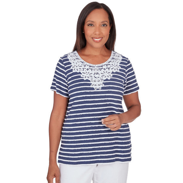 Alfred Dunner Women's Lace Neck Striped Split Hem Tee 2