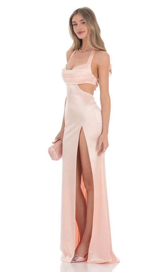 Lucy in the Sky Satin Cutout Maxi Dress in Peach