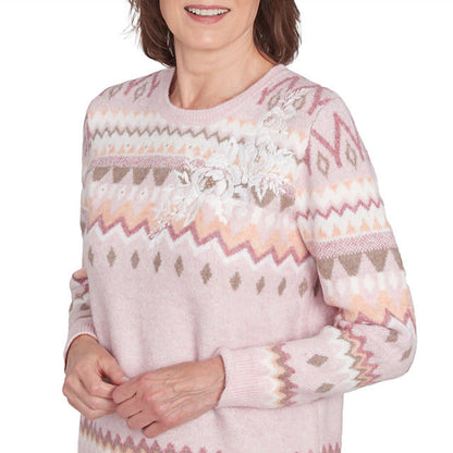 Alfred Dunner Women's Floral Embroidered Fairisle Sweater