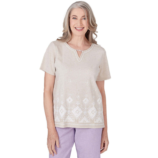 Alfred Dunner Women's Embroidered Diamond Border Top