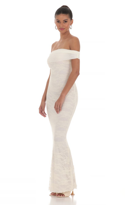 Lucy in the Sky Off Shoulder Sheer Lace Maxi Dress in Cream