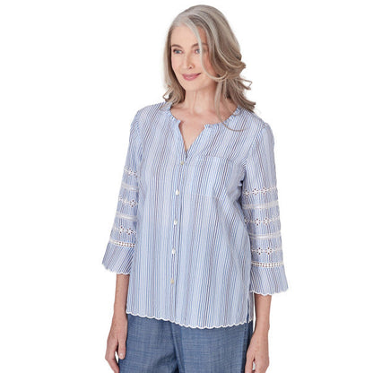 Alfred Dunner Women's Pinstripe Embroidered Button Down Top