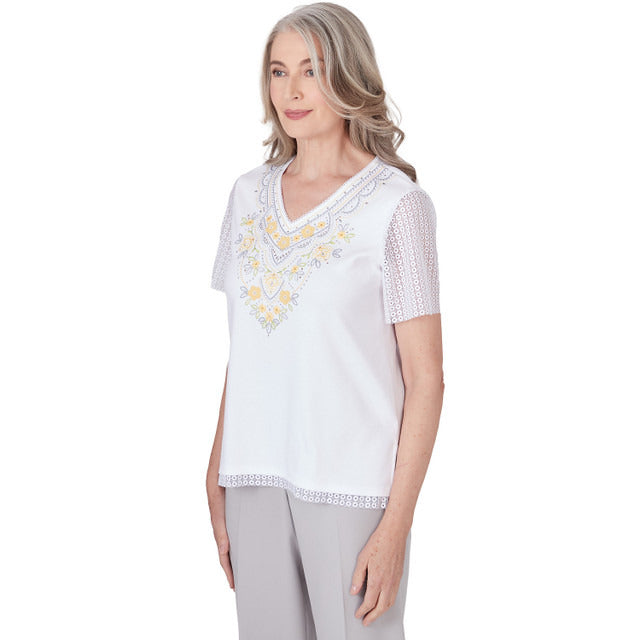 Alfred Dunner Women's Embroidered Top with Lace Sleeves