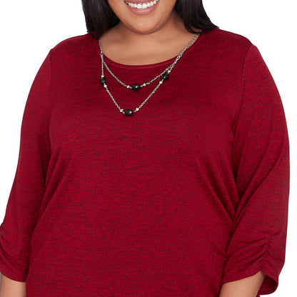 Alfred Dunner Women's Solid Melange Crew Neck Top with Necklace