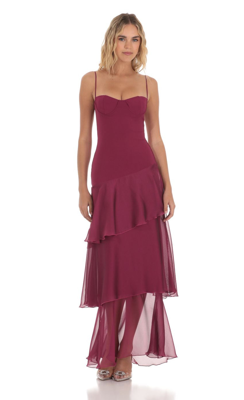 Lucy in the Sky Long Ruffle Maxi Dress in Plum