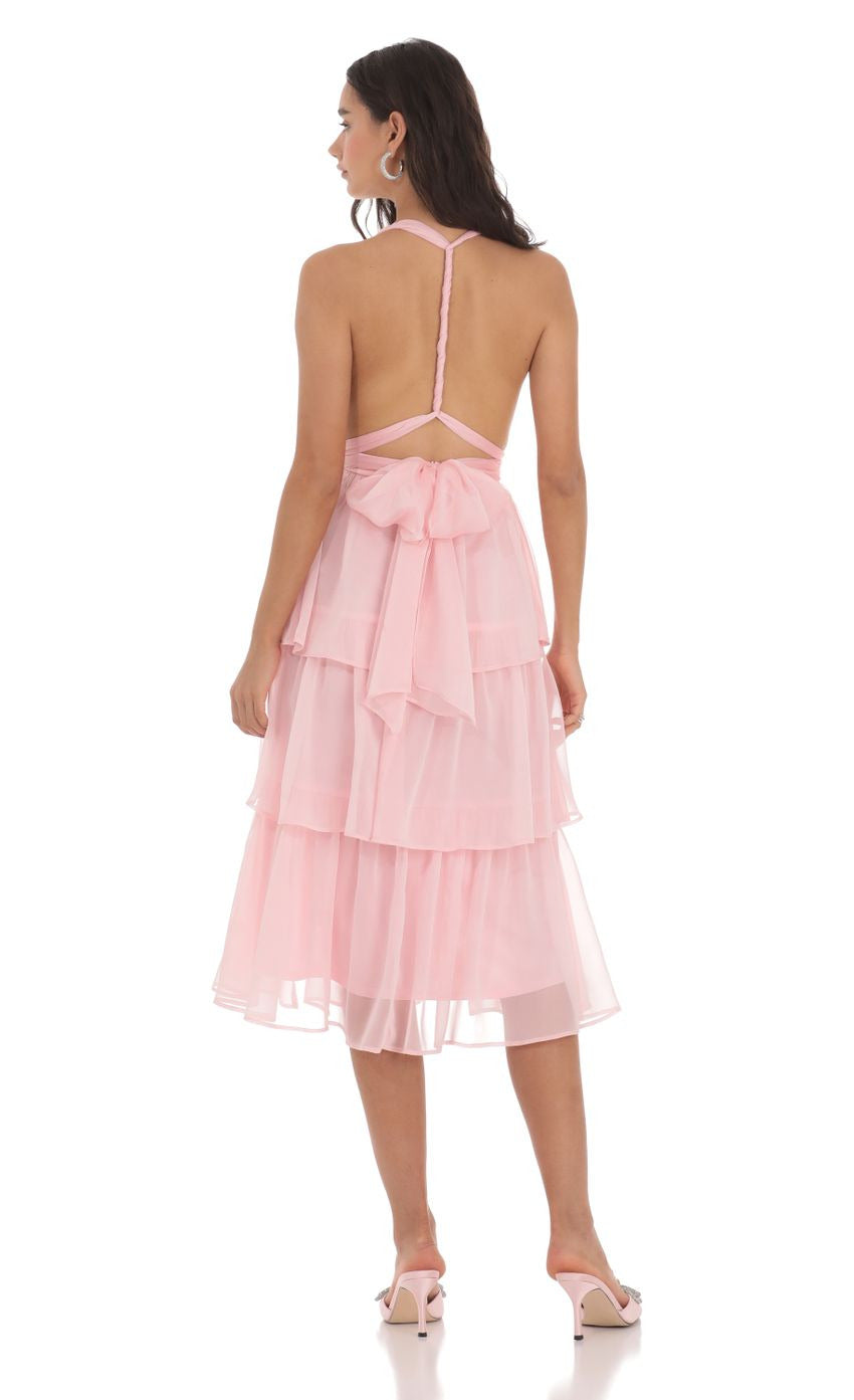 Lucy in the Sky Open Back Ruffle Midi Dress in Pink