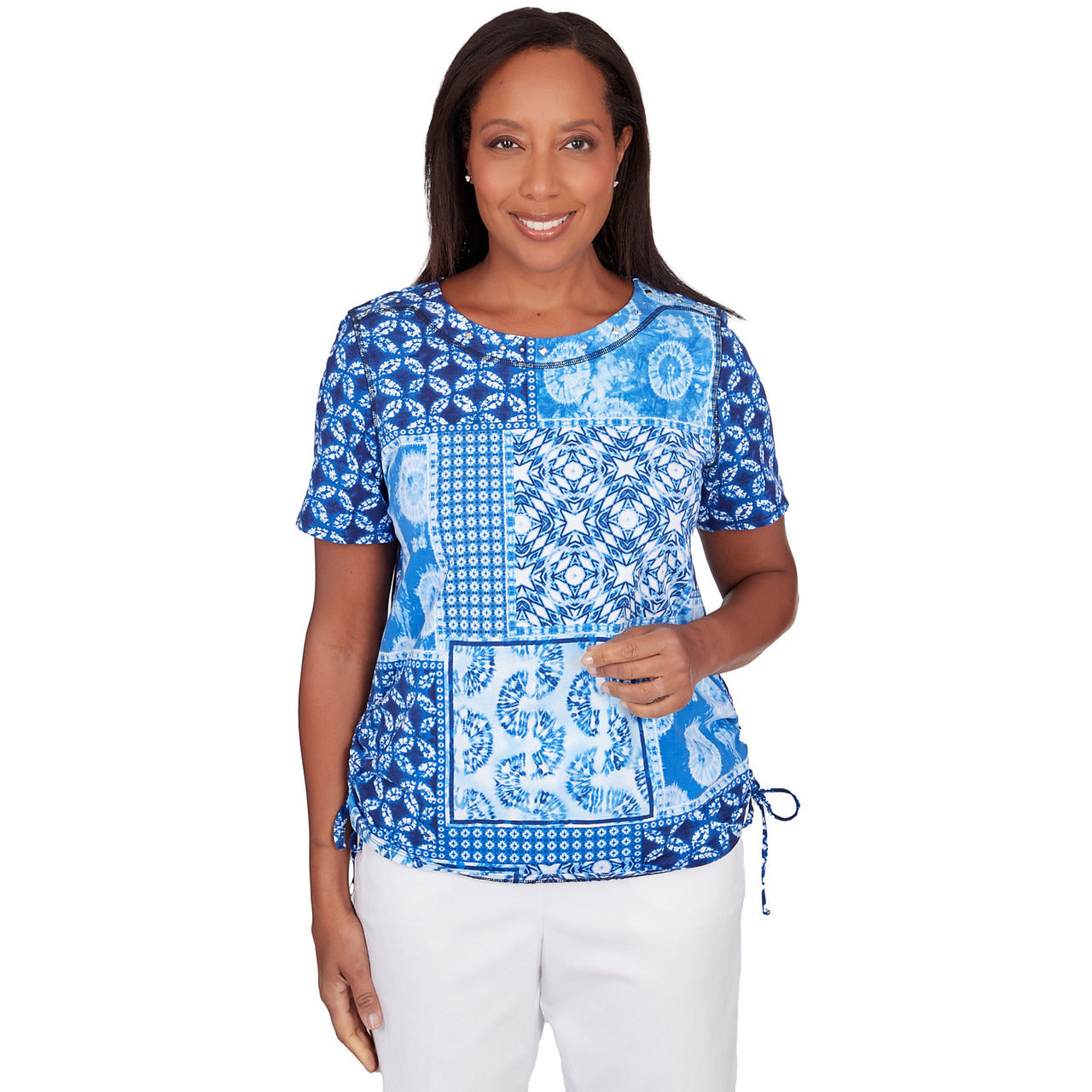 Alfred Dunner Women's Patchwork Ikat T-Shirt With Side Ruching