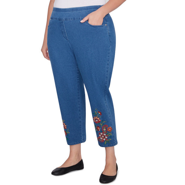 Alfred Dunner Women's Floral Embroidered Denim Ankle Pant