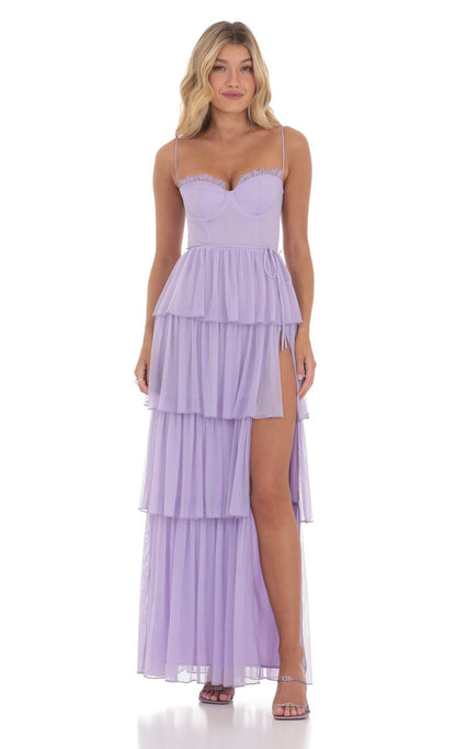 Lucy in the Sky Mesh Ruffle Maxi Dress in Lavender