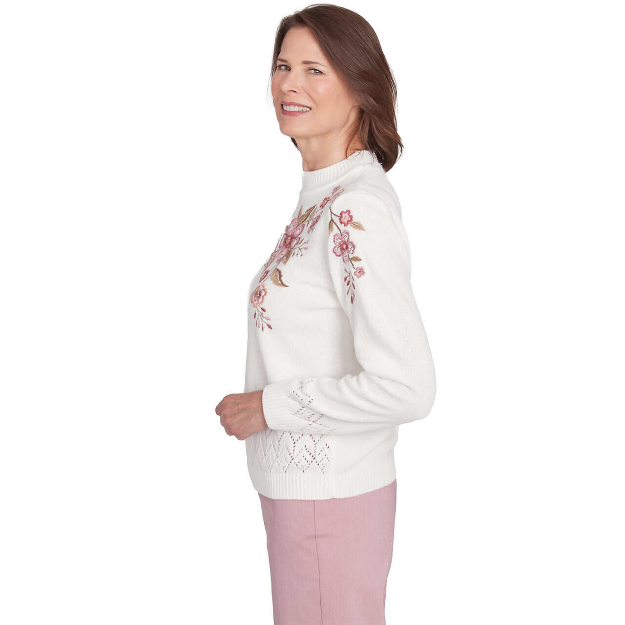 Alfred Dunner Women's Floral Embroidered White Chenille Sweater