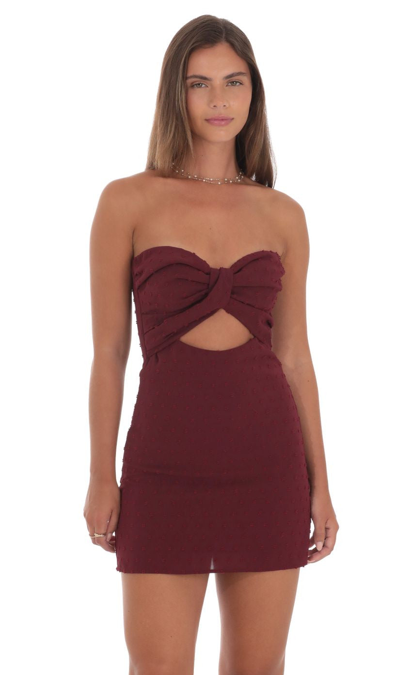 Lucy in the Sky Dotted Strapless Cutout Dress in Burgundy