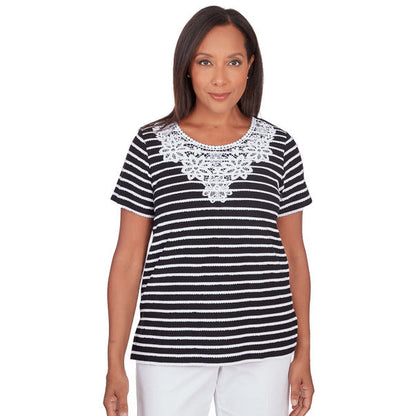 Alfred Dunner Women's Lace Neck Striped Split Hem Tee 2