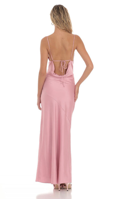 Lucy in the Sky Satin Asymmetrical Cowl Neck Maxi Dress in Pink