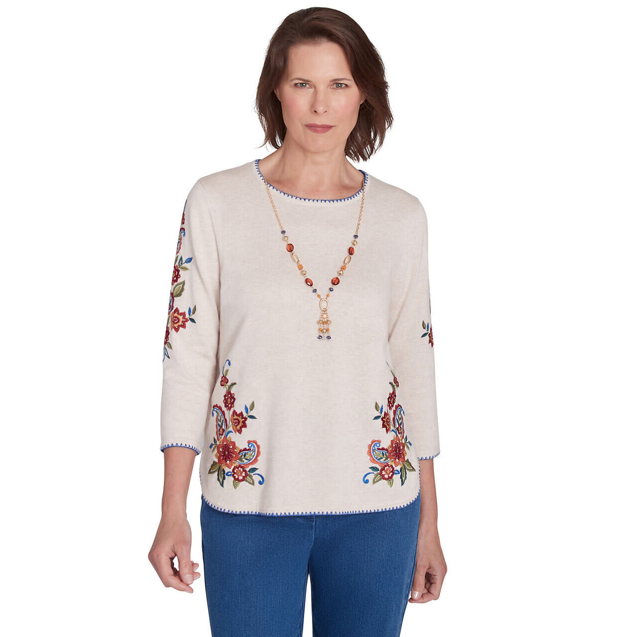 Alfred Dunner Women's Paisley Floral Sweater with Necklace