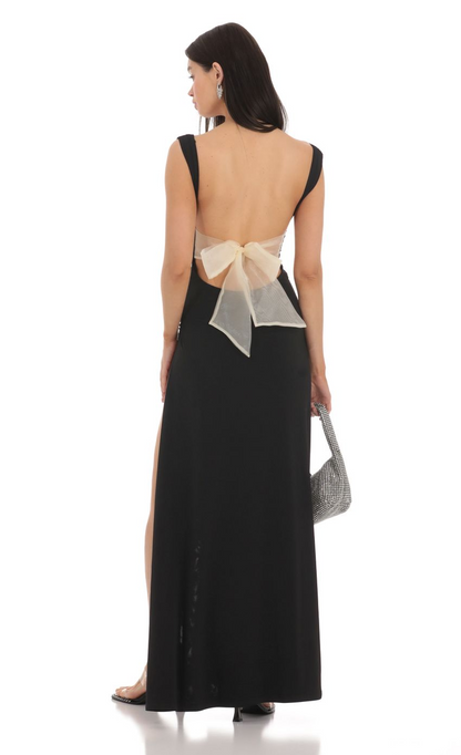 Lucy in the Sky Open Back Bow Maxi Dress in Black