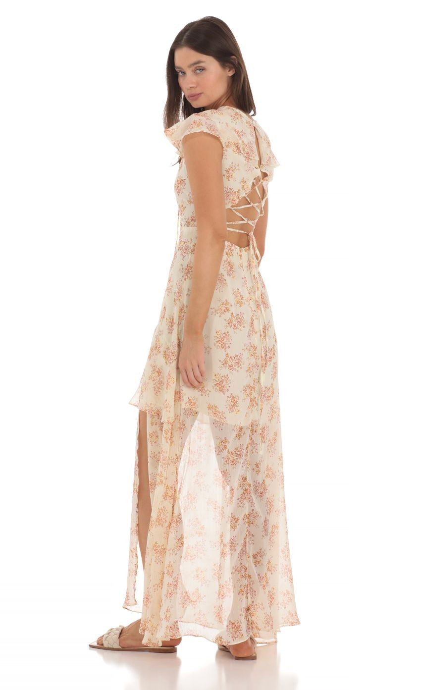 Lucy in the Sky Floral Shimmer Ruffle Dress in Yellow